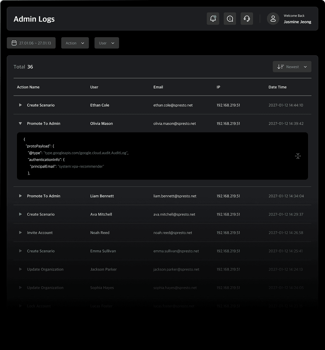 Administrator log table UI