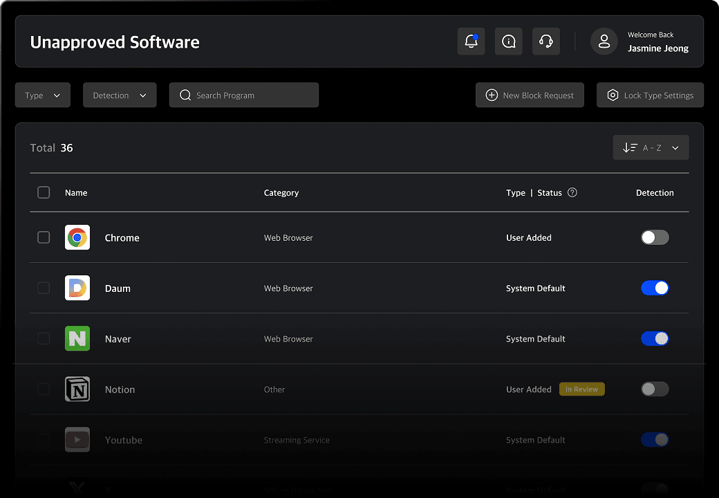 Prohibited application control settings UI